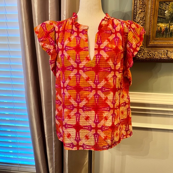 EUC Marie Oliver Maison Ruffled Split Neck Top Blouse Shirt in Guava Size MEDIUM - Picture 3 of 4